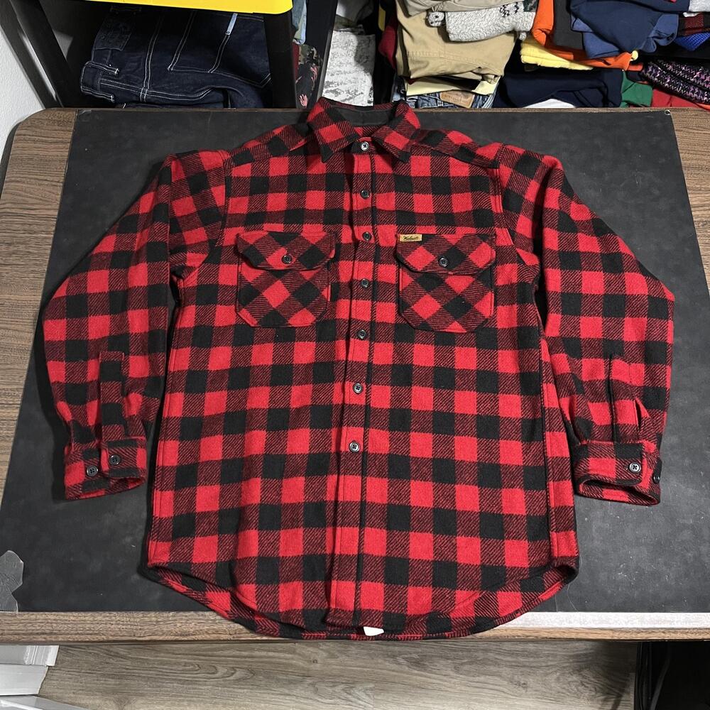 Woolrich Shirt Mens Medium Red Black Buffalo Plaid Wool Flannel Heavyweight USA